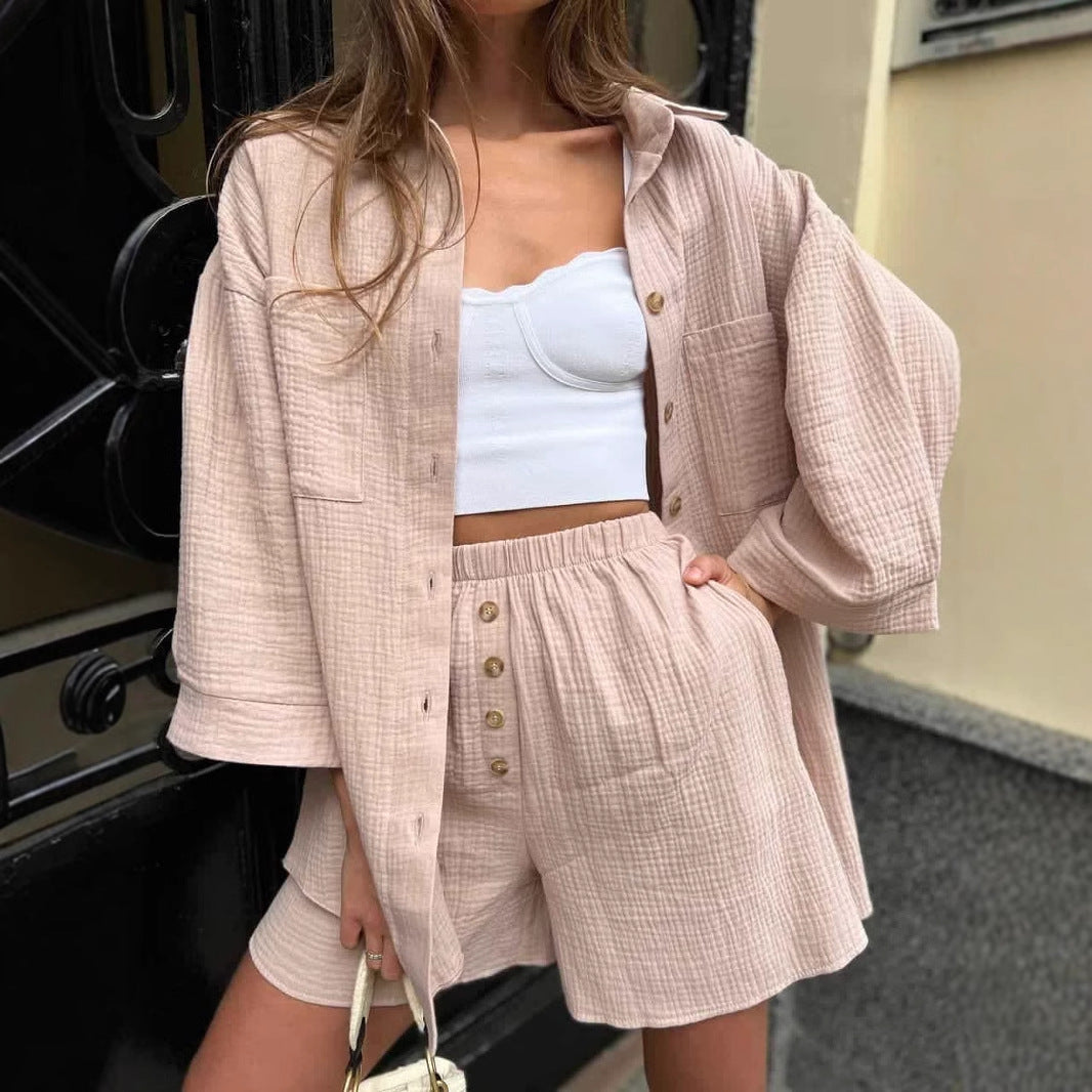Damen nan lässiges Musselin-Zweiteiler Set mit Oversize-Hemd und elastischer Highwaist-Shorts Echo Archiv
