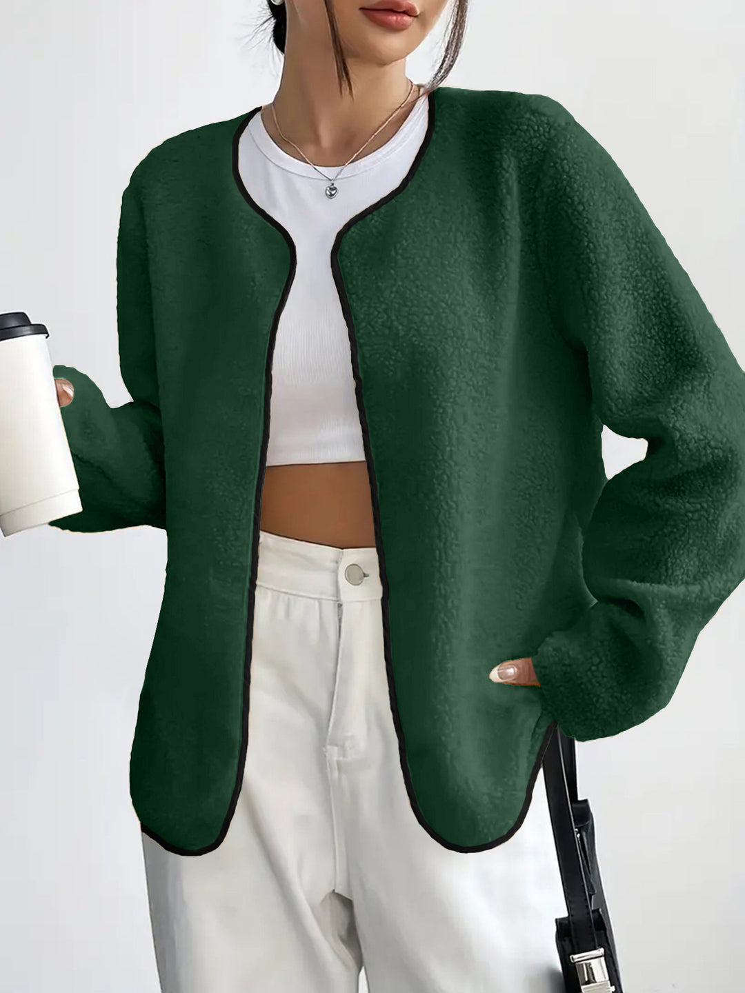Damen Kurzjacke Teddy-Fleece Cardigan ohne Verschluss mit Rundhals – Célinea