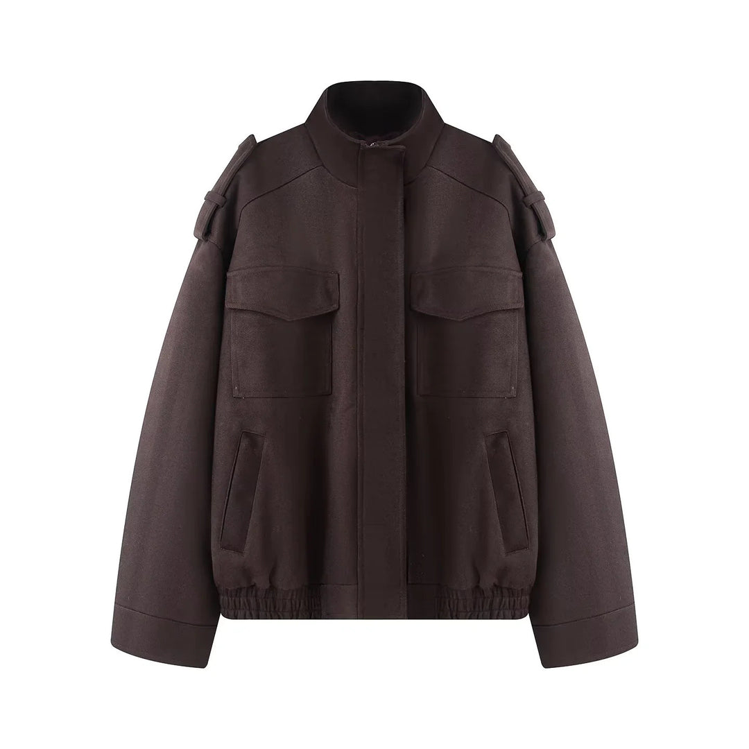 Damen kastiger Wollmix-Bomber mit Schulterklappen, Pattentaschen und elastischem Saum – Avenza