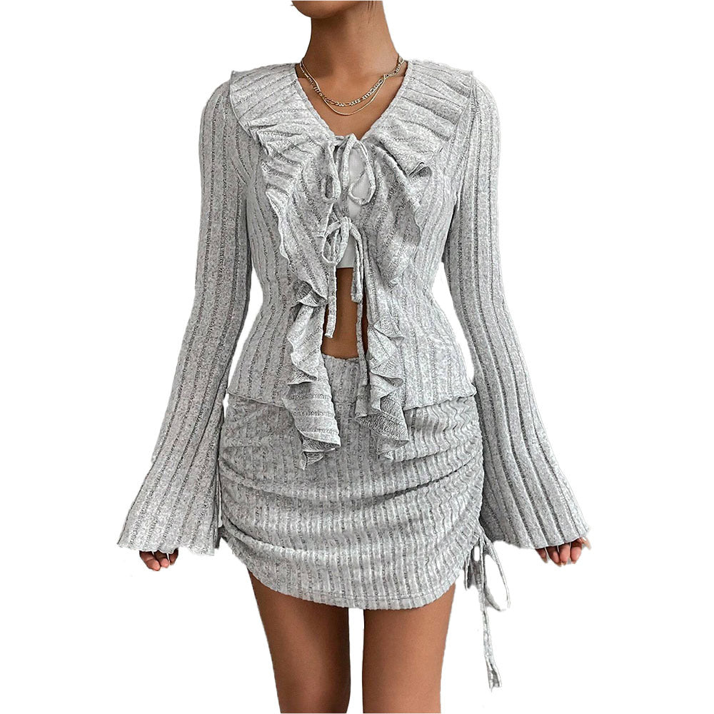 Damen gerippter Rüschencardigan mit Bindebändern und gerafftem Minirock-Set – Élanora