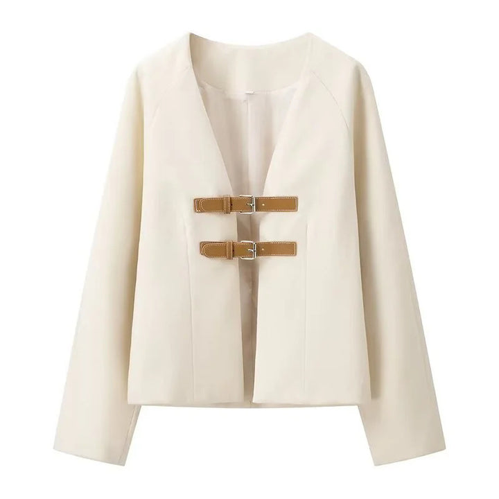 Damen kurz geschnittene Jacke mit V-Ausschnitt, zweifachem Schnallenverschluss und kastiger Silhouette – Célinea
