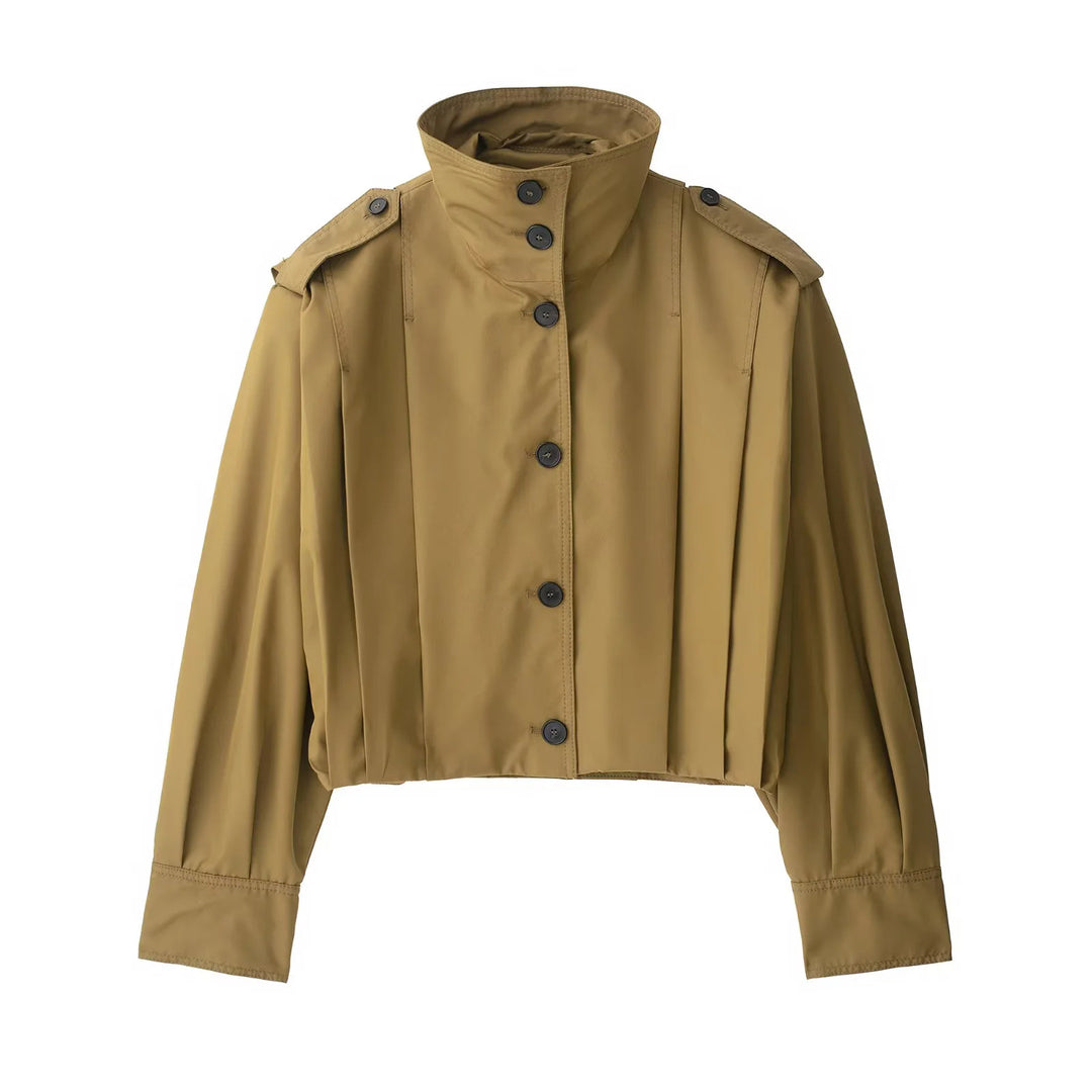 Damen kastiges Cropped-Trenchcape mit überschnittenen Schultern und dekorativen Epauletten – Célinea