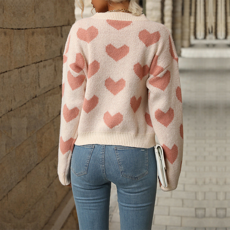 Damen Oversize-Pullover mit Herzjacquard und Rundhalsausschnitt – Mavelle