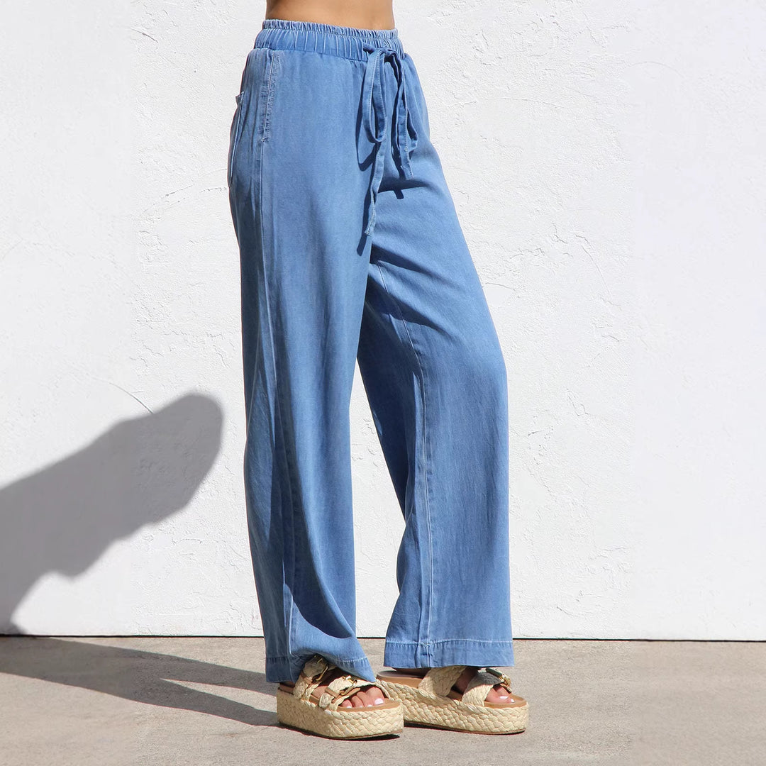 Damen nan weite Leinen-Optik Sommerhose mit elastischem Bund, Kordelzug und Seitentaschen Echo Archiv