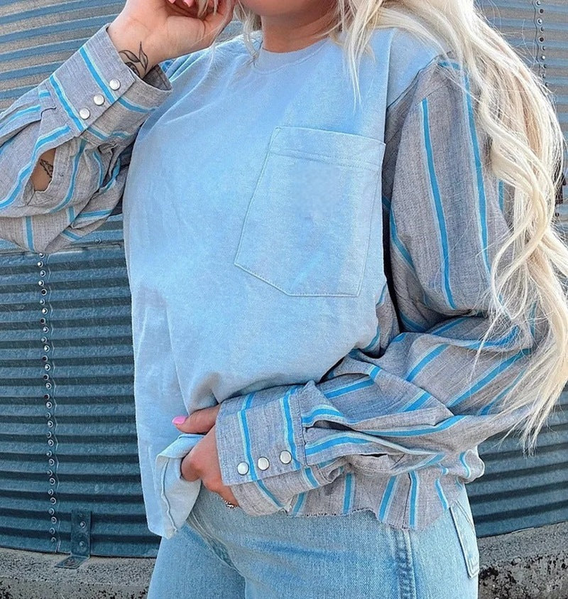 Damen nan Langarmshirt im Lagenlook mit Brusttasche und gestreiften Hemdärmeln Echo Archiv