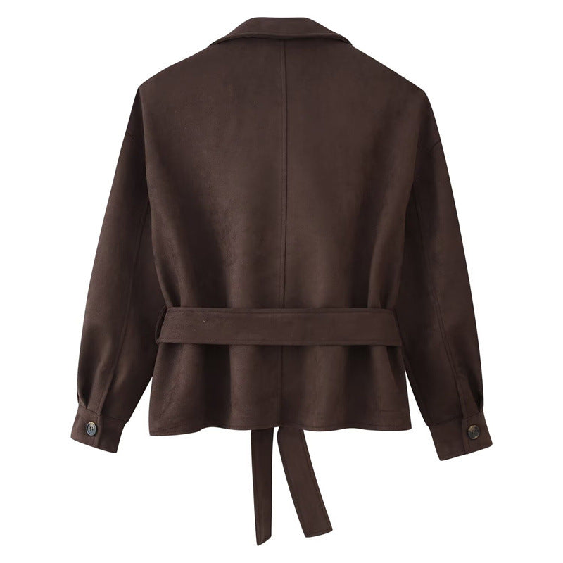 Damen Cropped Trenchjacke im Velourslook mit Bindegürtel und Schulterklappen Echo Archiv