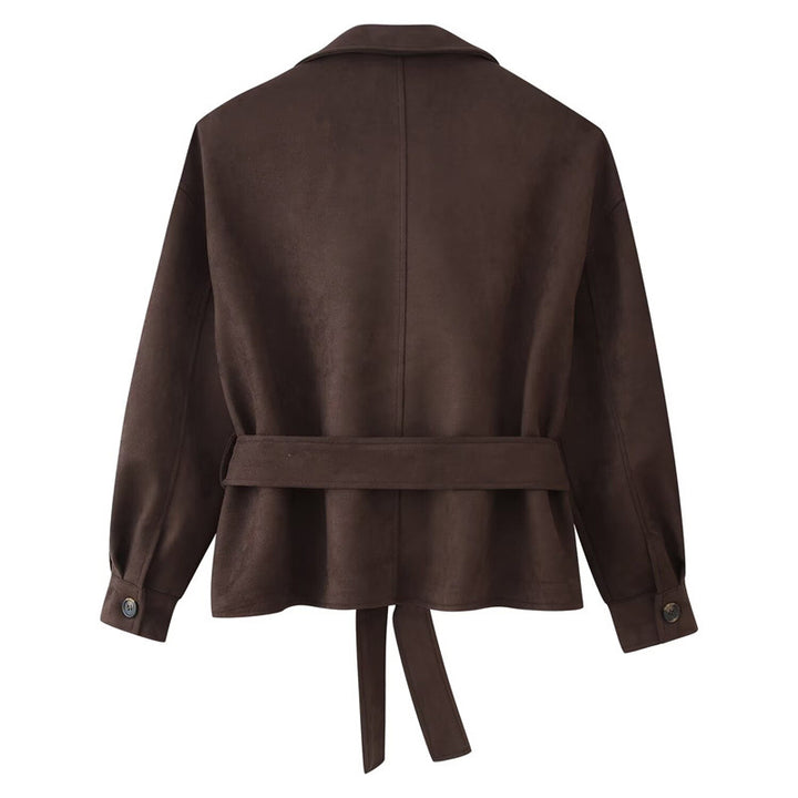 Damen Cropped Trenchjacke im Velourslook mit Bindegürtel und Schulterklappen Echo Archiv