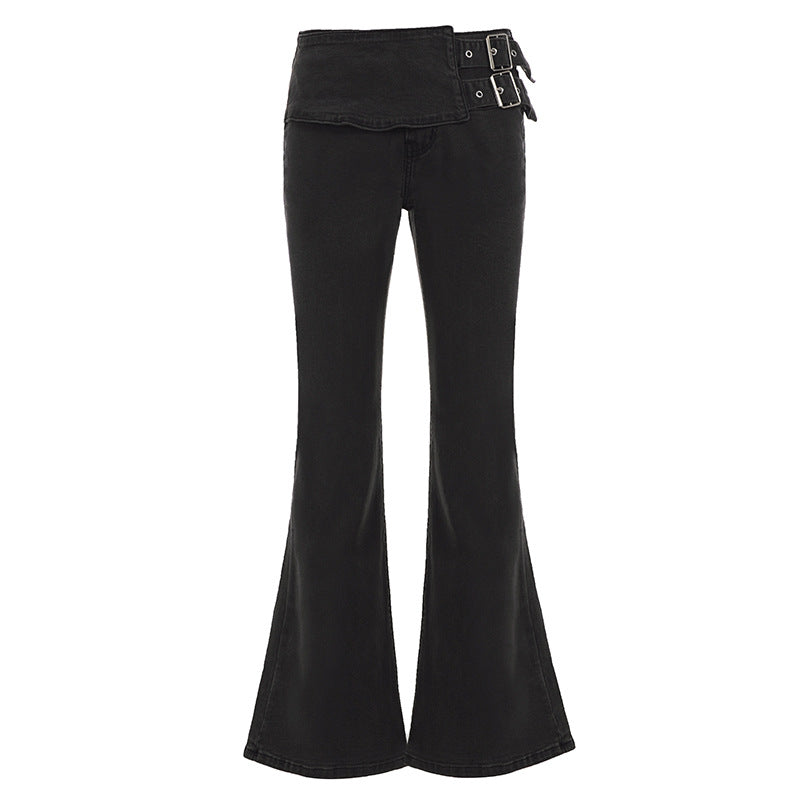 Damen High-Waist Bootcut-Jeans mit asymmetrischem Bund und Doppel-Schnallenverschluss – Dénora