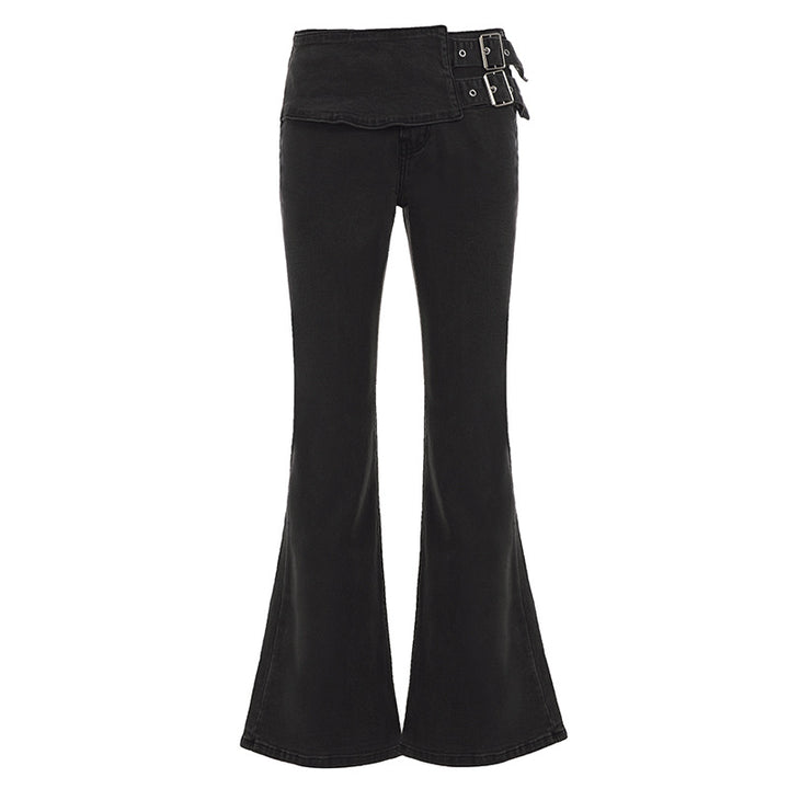 Damen High-Waist Bootcut-Jeans mit asymmetrischem Bund und Doppel-Schnallenverschluss – Dénora