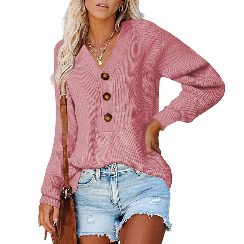 Damen Gerippter Strickpullover mit V‑Ausschnitt, Zierknopfleiste und Ballonärmeln Echoarchiv