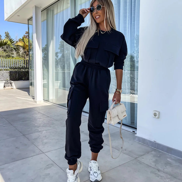 Damen Cargo-Loungewear-Set aus weicher Baumwollmischung mit hoher Taille und aufgesetzten Cargo-Taschen – Avélisse