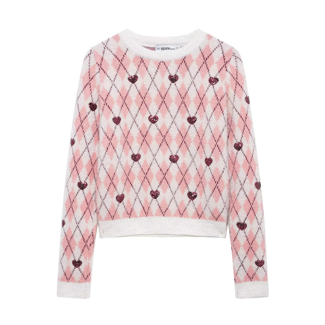 Damen nan verspielter Argyle-Strickpullover mit Paillettenherzen und Rundhalsausschnitt Echo Archiv