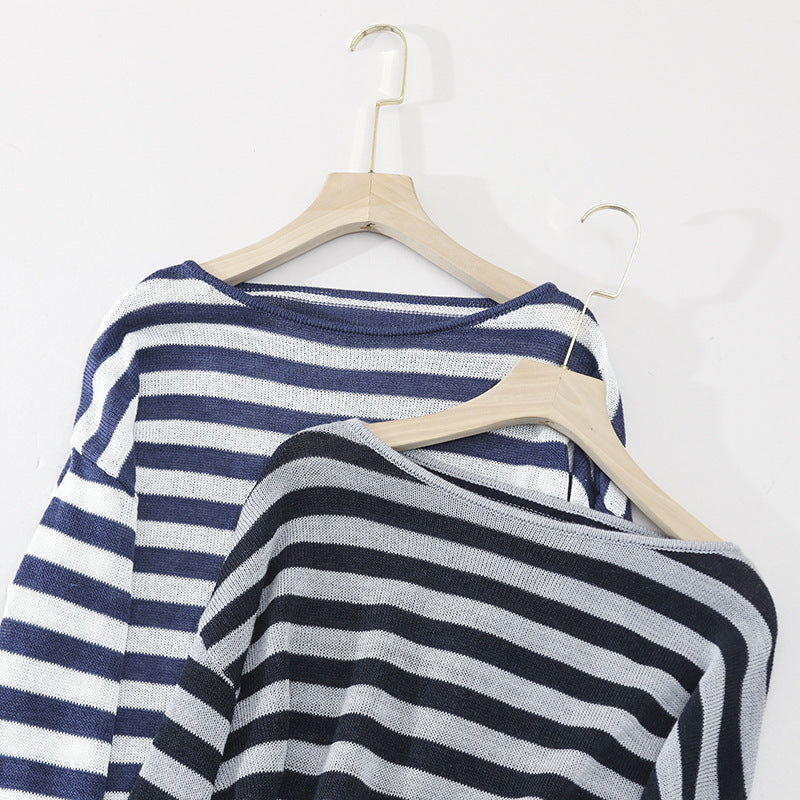 Damen lässiger Oversize Strickpullover mit U-Boot-Ausschnitt und maritimen Querstreifen Echo Archiv