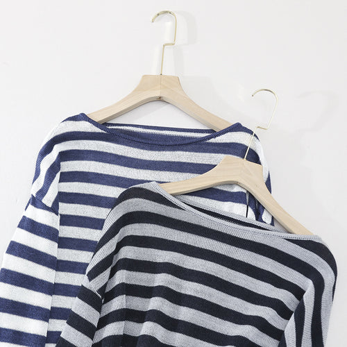 Damen lässiger Oversize Strickpullover mit U-Boot-Ausschnitt und maritimen Querstreifen Echo Archiv