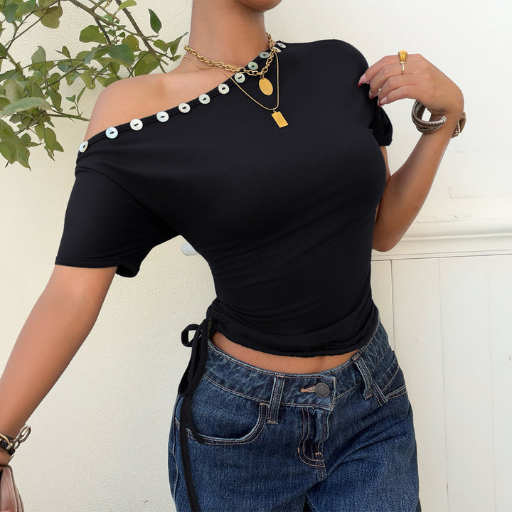 Damen Off-Shoulder Oberteil mit Rüschen und dekorativen Knöpfen Echo Archiv