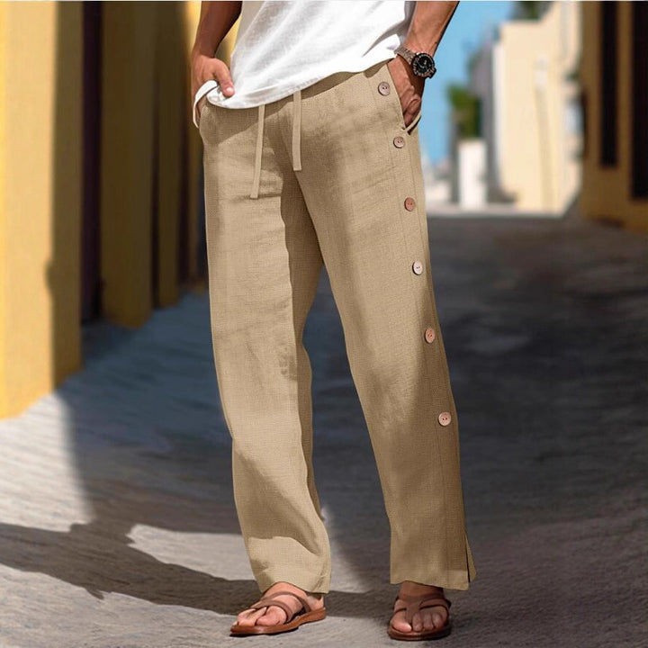 Herren Leinenhose mit seitlichen Knopfdetails und lockerer Passform Echoarchiv