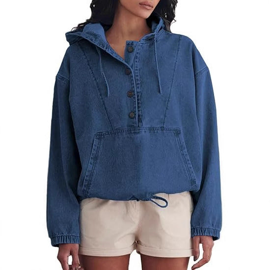 Damen Denim-Hoodie mit halber Knopfleiste, Kängurutasche und Tunnelzugsaum Echo Archiv