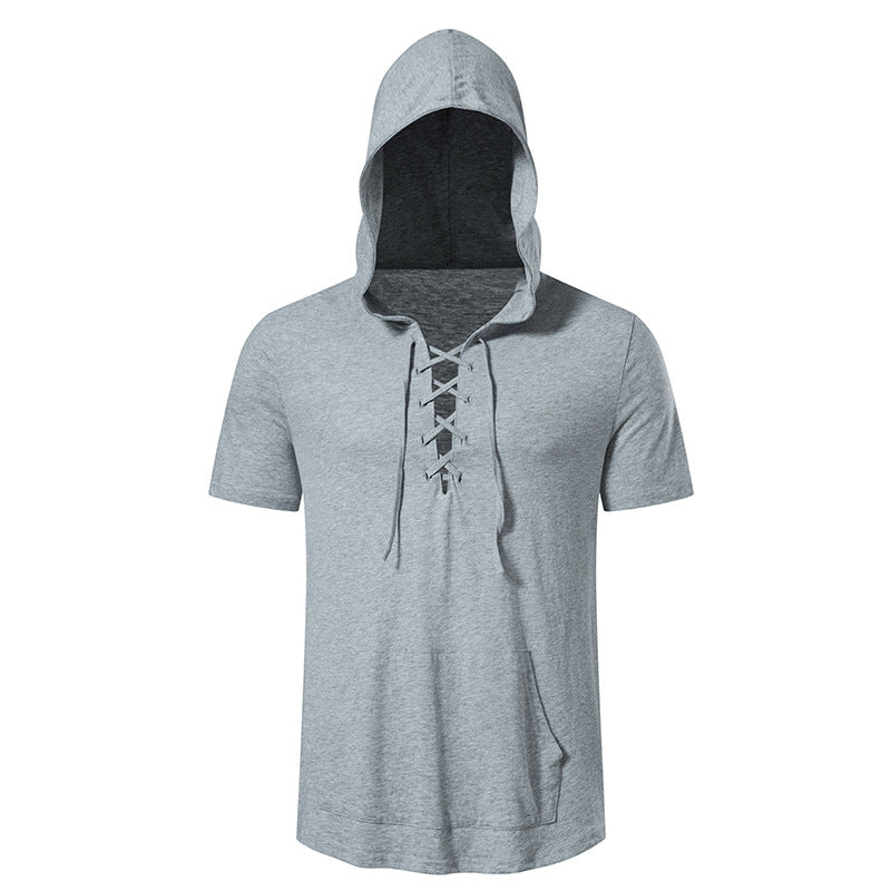 Herren Kurzarm-Hoodie mit lässigem Lacing-Design und praktischer Kängurutasche Echoarchiv
