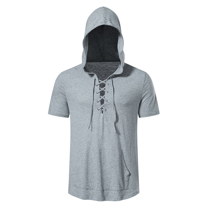 Herren Kurzarm-Hoodie mit lässigem Lacing-Design und praktischer Kängurutasche Echoarchiv