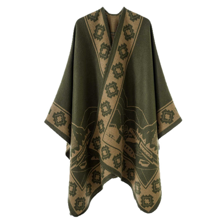 Damen Jacquard‑Strickponcho mit offenem Fall und Bordüren‑Detail Echo Archiv