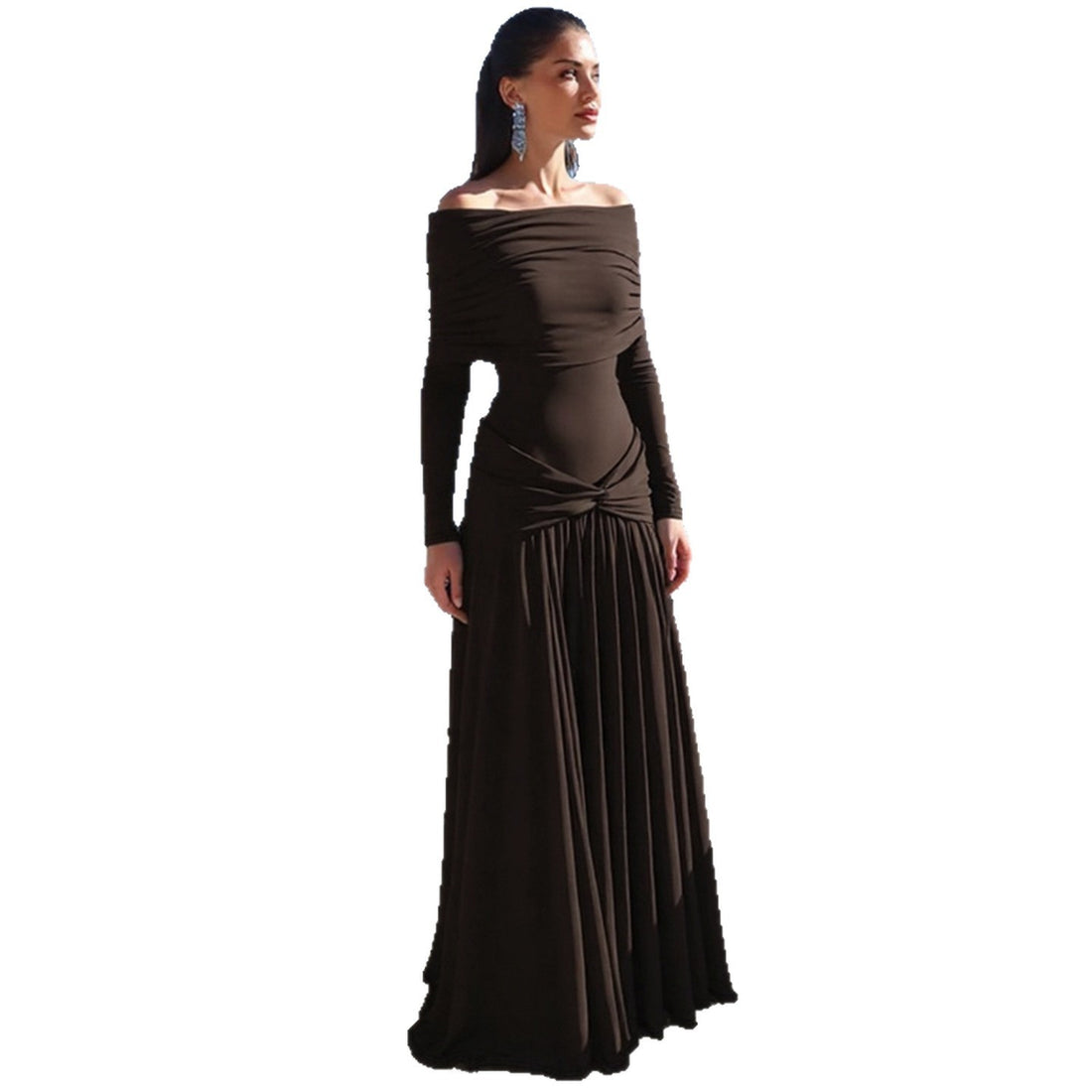 Damen Elegantes Langkleid mit gekreuztem Tailleneinsatz und schulterfreiem Ausschnitt – Élara