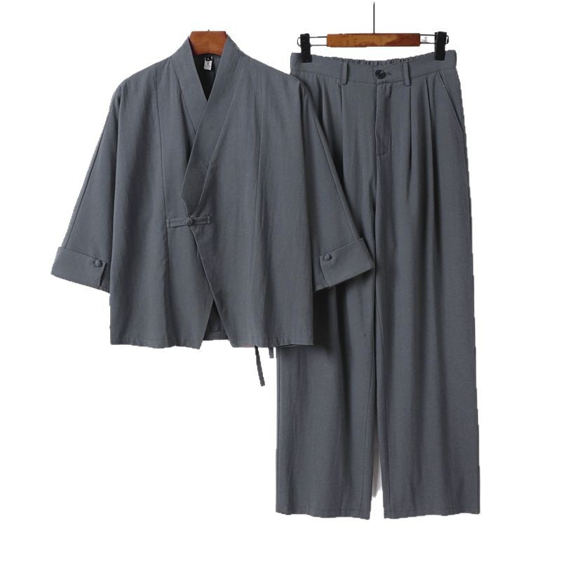 Herren Modernes Zen-Loungewear-Set aus Leichtem Material mit Kurz-Kimono und tailliert-zulaufender Bundhose Echoarchiv