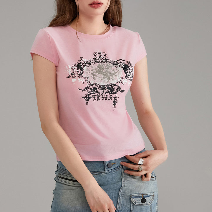 Damen lässiges Grafik-Crop-Top mit Rundhals-Ausschnitt Echo Archiv