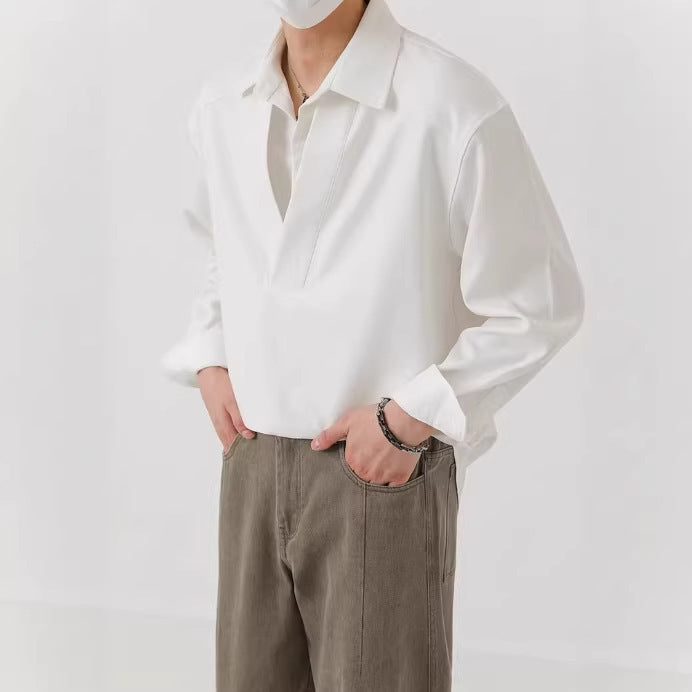 Herren Hemd-Pullover im Oversize-Schnitt mit tiefem V-Ausschnitt und klassischem Kragen – Arvello