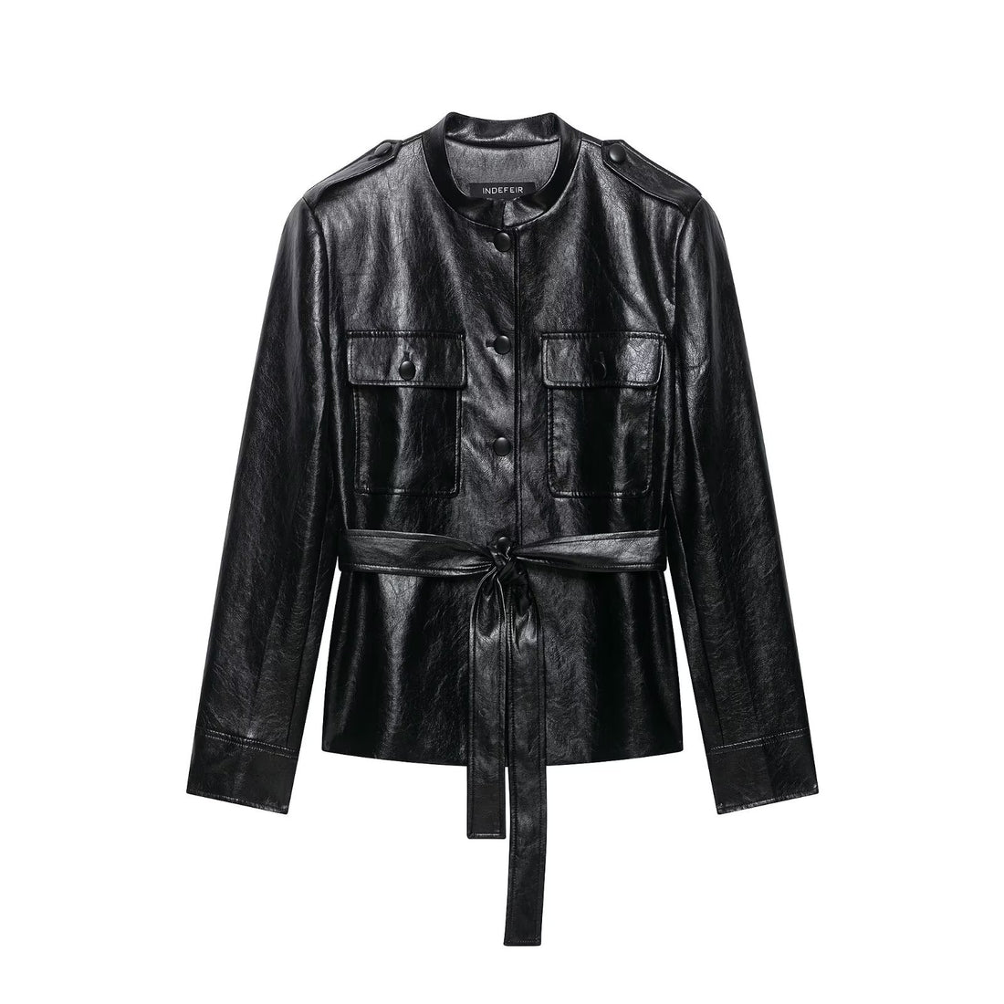 Damen Taillierte Kunstlederjacke im Trenchstil mit Stehkragen, Pattentaschen und Bindegürtel Echoarchiv