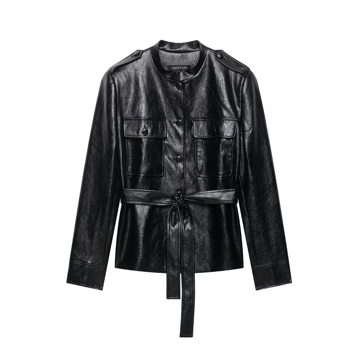 Damen Taillierte Kunstlederjacke im Trenchstil mit Stehkragen, Pattentaschen und Bindegürtel Echoarchiv