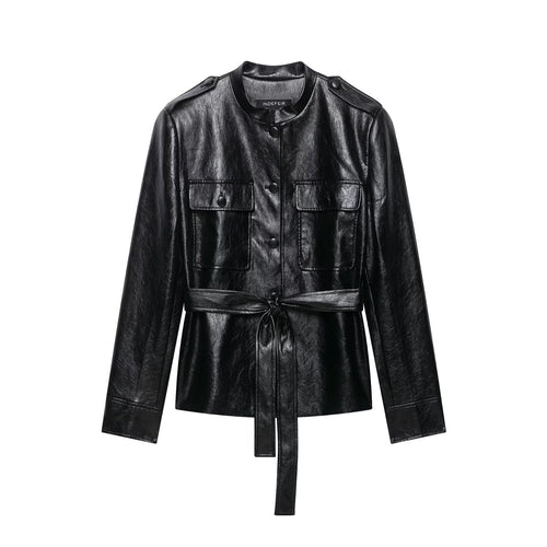 Damen Taillierte Kunstlederjacke im Trenchstil mit Stehkragen, Pattentaschen und Bindegürtel Echoarchiv