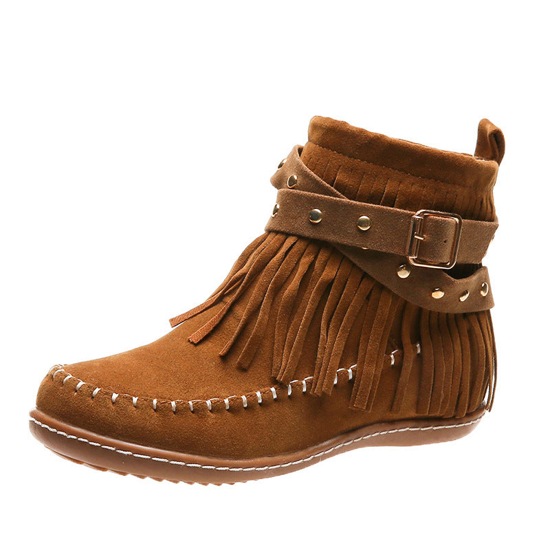 Damen nan Fransen-Mokassin-Stiefelette mit Ziergurt, Schnalle und weicher Gummisohle Echo Archiv