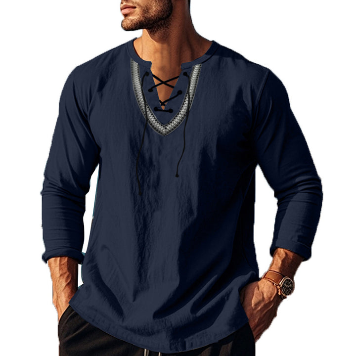 Herren Langarm-Henley-Shirt mit dekorativer Schnürung und lässigem Schnitt Echoarchiv