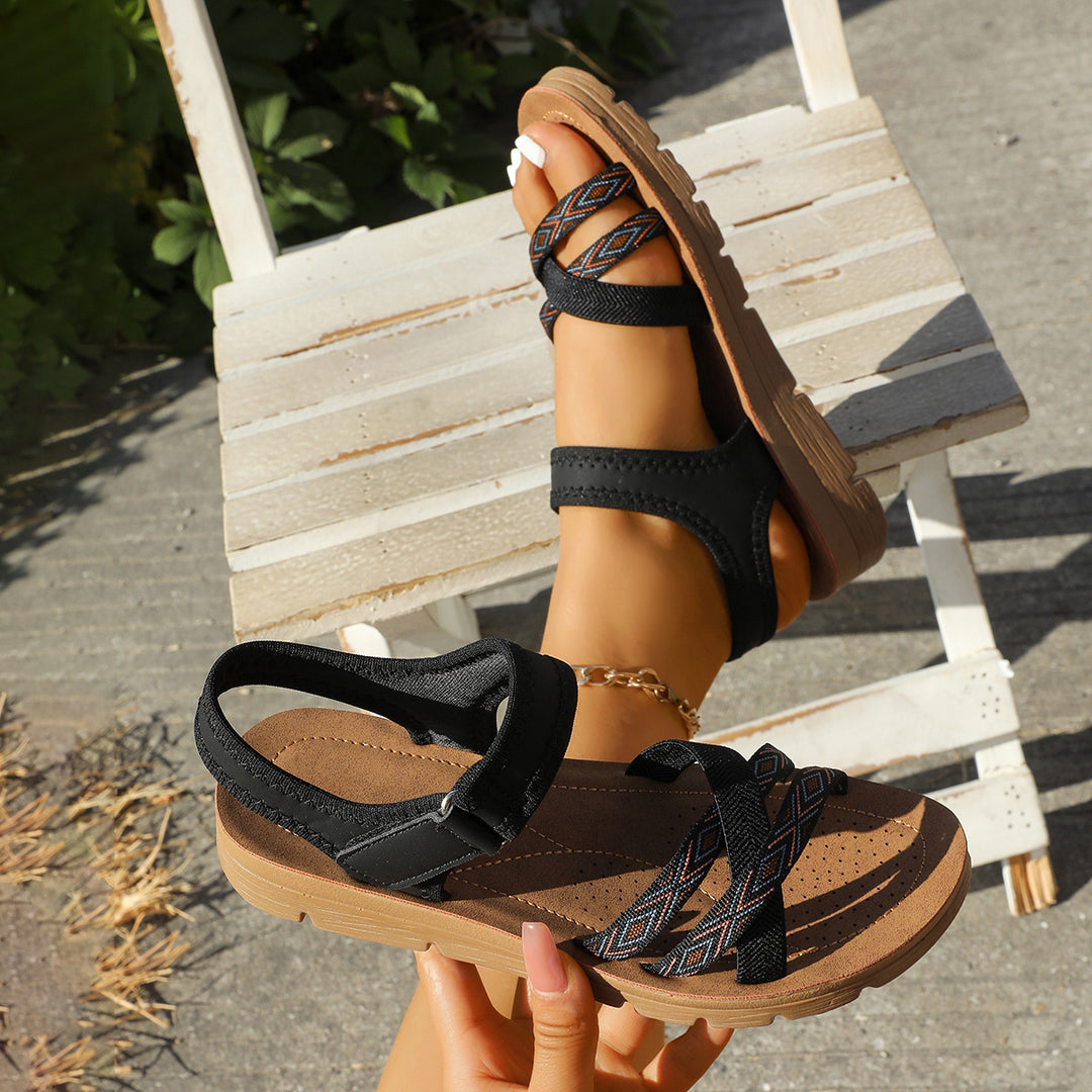 Damen Sandalen mit elastischen Kreuzriemen und Leoprint-Zehenriemen Echo Archiv