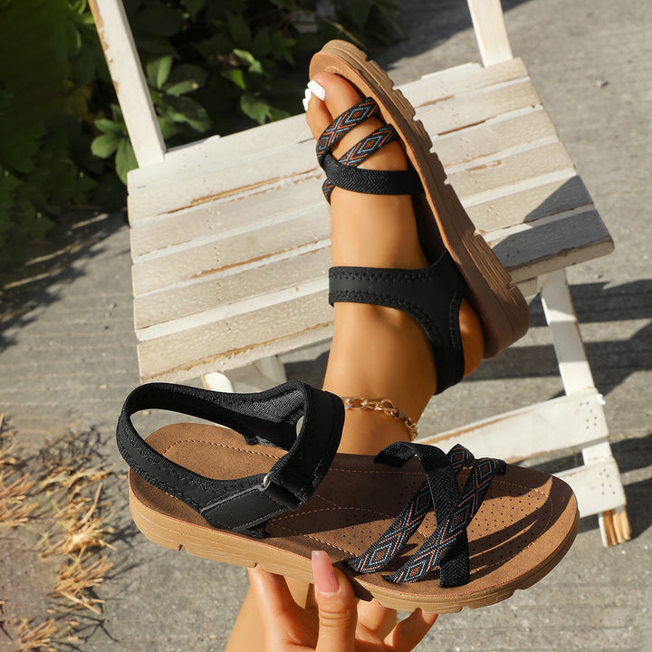Damen Sandalen mit elastischen Kreuzriemen und Leoprint-Zehenriemen Echo Archiv
