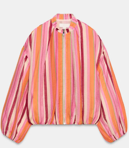 Damen Leichte gestreifte Cropped‑Bomberjacke mit Ballonärmeln und Reißverschluss Echo Archiv