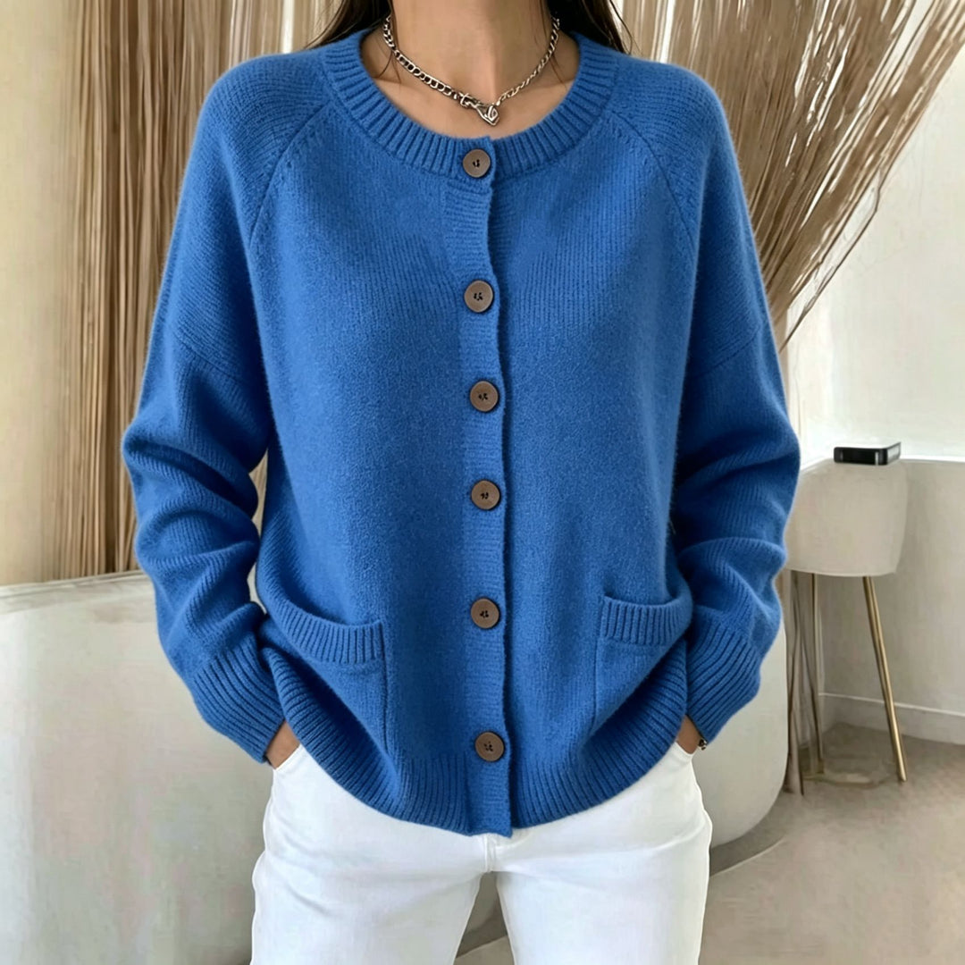 Damen Knopf-Cardigan mit Rundhals, aufgesetzten Taschen und Raglanärmeln – Veloura