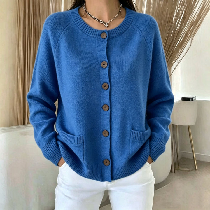 Damen Knopf-Cardigan mit Rundhals, aufgesetzten Taschen und Raglanärmeln – Veloura