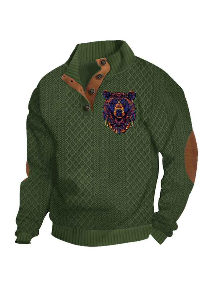 Herren nan Heritage-Strukturpullover mit Stehkragen Lederimitat-Besatz Ellenbogen-Patches und Halbknopfleiste Echo Archiv