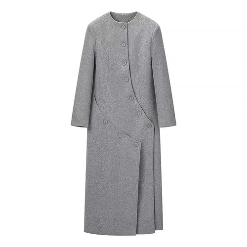 Damen asymmetrischer Maxi-Mantel mit Rundhalsausschnitt und geschwungener Knopfleiste – Montévia