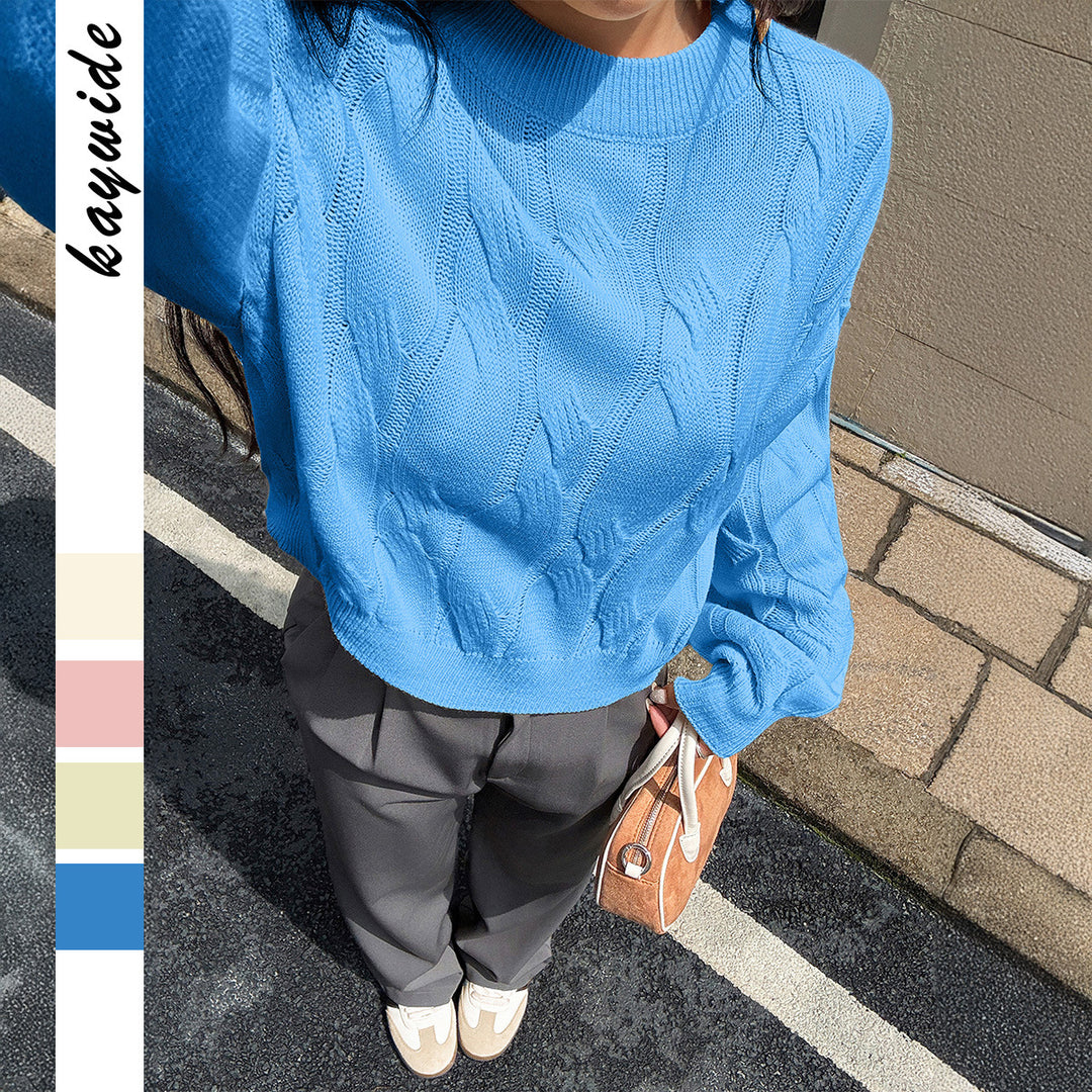 Damen cropped Zopfmuster-Pullover mit kastiger Silhouette, überschnittener Schulter und geripptem Saum – Mavelle