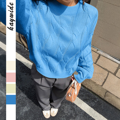 Damen cropped Zopfmuster-Pullover mit kastiger Silhouette, überschnittener Schulter und geripptem Saum – Mavelle