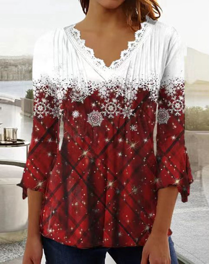 Damen nan Tunika-Bluse mit Spitzen-V-Ausschnitt, feiner Plissee-Passe und winterlichem Schneeflocken-Print Echo Archiv