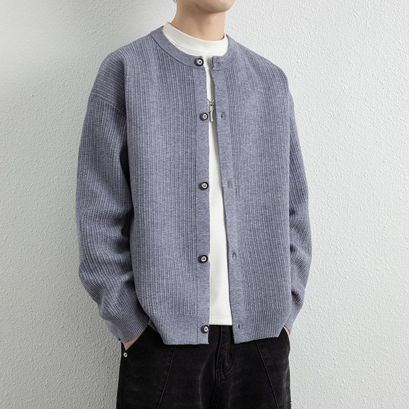 Herren Locker geschnittene Strukturstrick-Cardigan mit Rundhals und Knopfleiste Echo Archiv
