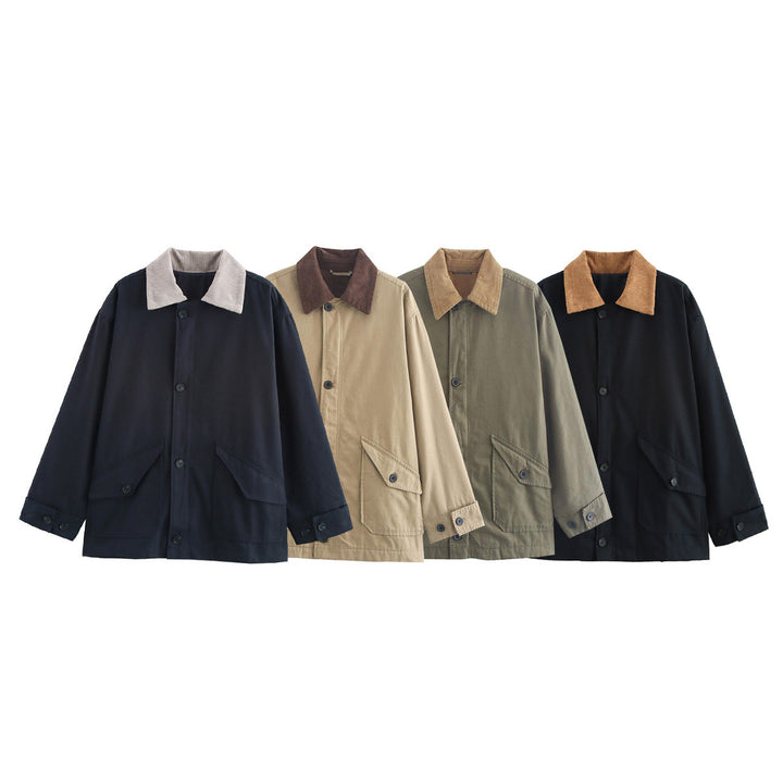 Damen kastige Utility-Overshirtjacke mit kontrast Cordkragen und aufgesetzten Pattentaschen – Célinea