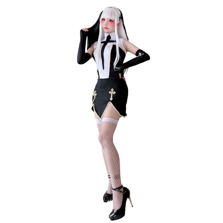 Damen Gothic Minikleid mit Spitzenärmeln und Kreuzdetails Echo Archiv