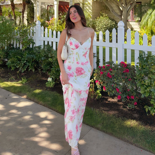 Damen elegantes Maxikleid mit zartem Blumenmuster und Spaghettiträgern Echo Archiv