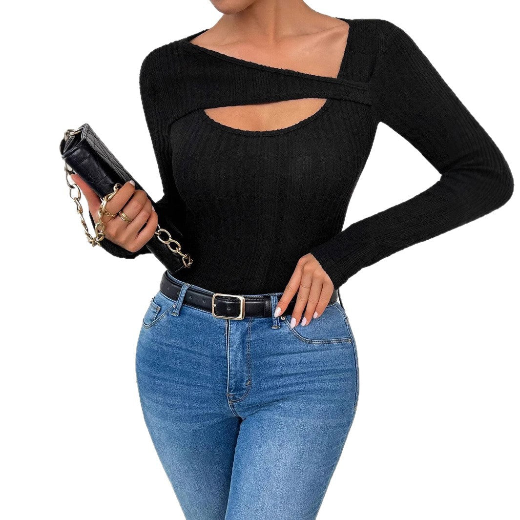 Damen nan figurbetontes langärmeliges Rippstricktop mit Schlüsselloch und asymmetrischem Ausschnitt Echo Archiv