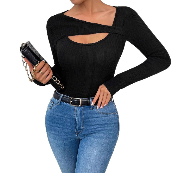 Damen nan figurbetontes langärmeliges Rippstricktop mit Schlüsselloch und asymmetrischem Ausschnitt Echo Archiv