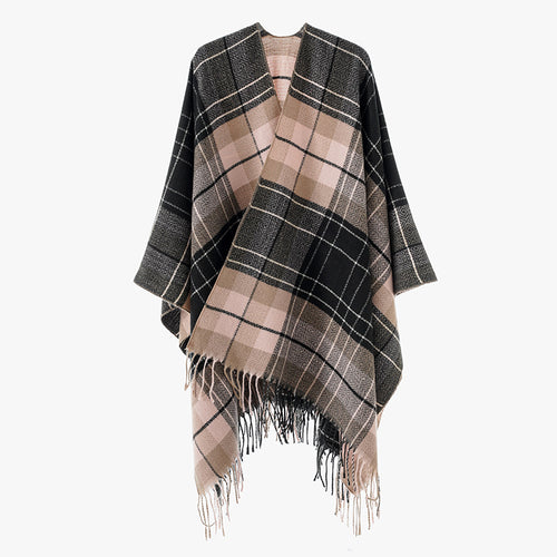 Damen Oversize-Kimono-Capeponcho im Karomuster mit Fransensaum Echo Archiv